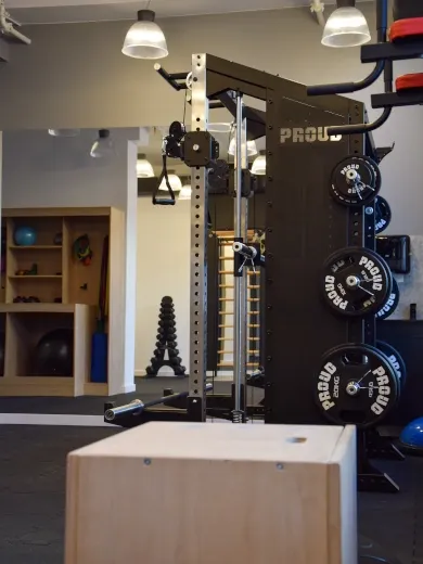 Sala treningowa z skrzynią do skoków, talerzami obciążeniowymi i suwnicą Smitha